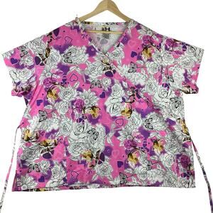 Beverly Hills Scrub Top 5X Tie Bck Adjustable Floral Butterfly Monkey Love Heart